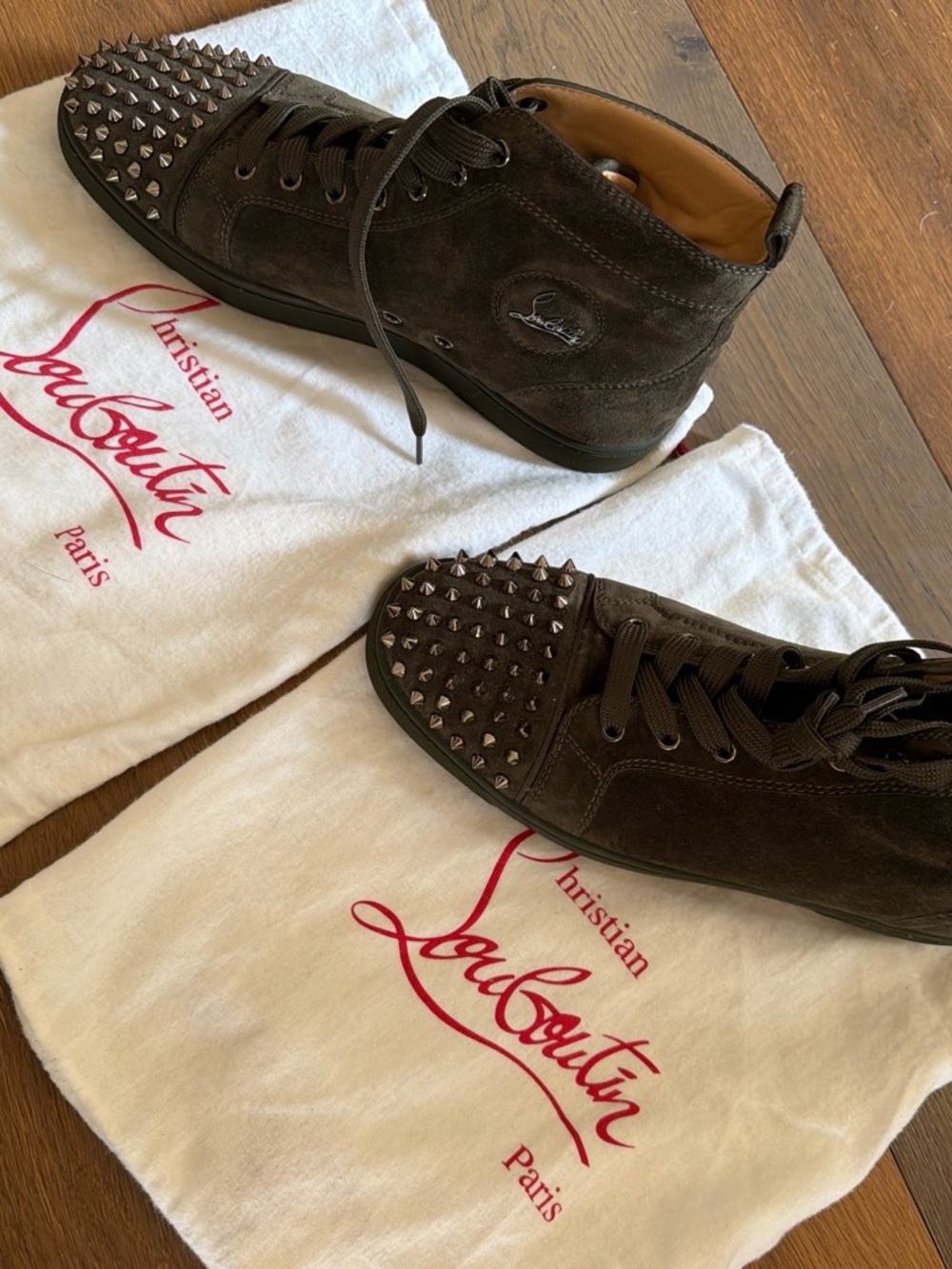 Christian Louboutin brown suede spike trainers